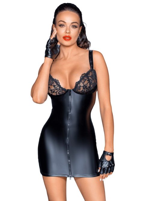 Mini-robe Powerwetlook avec poitrine en dentelle et fermeture éclair à 2 sens